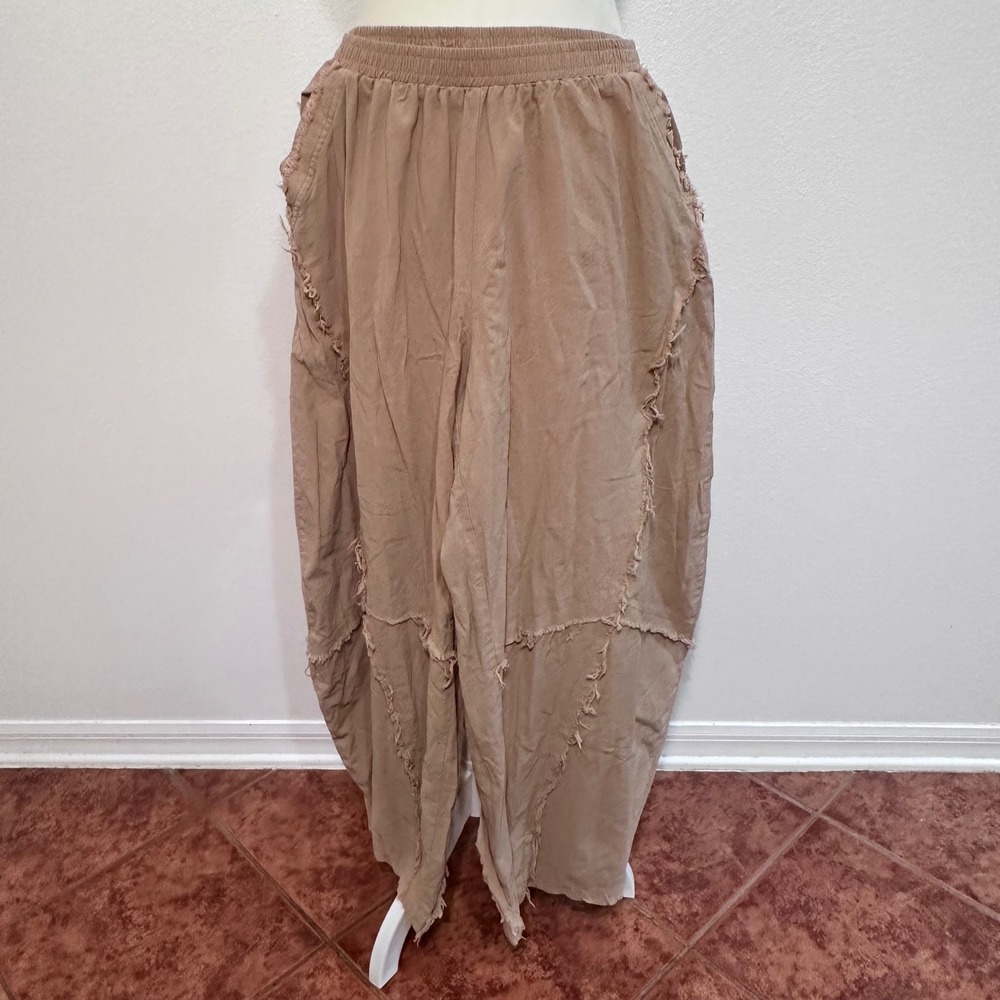 Boho Indie Frayed Harem Palazzo Linen Blend Pants Women L Tan